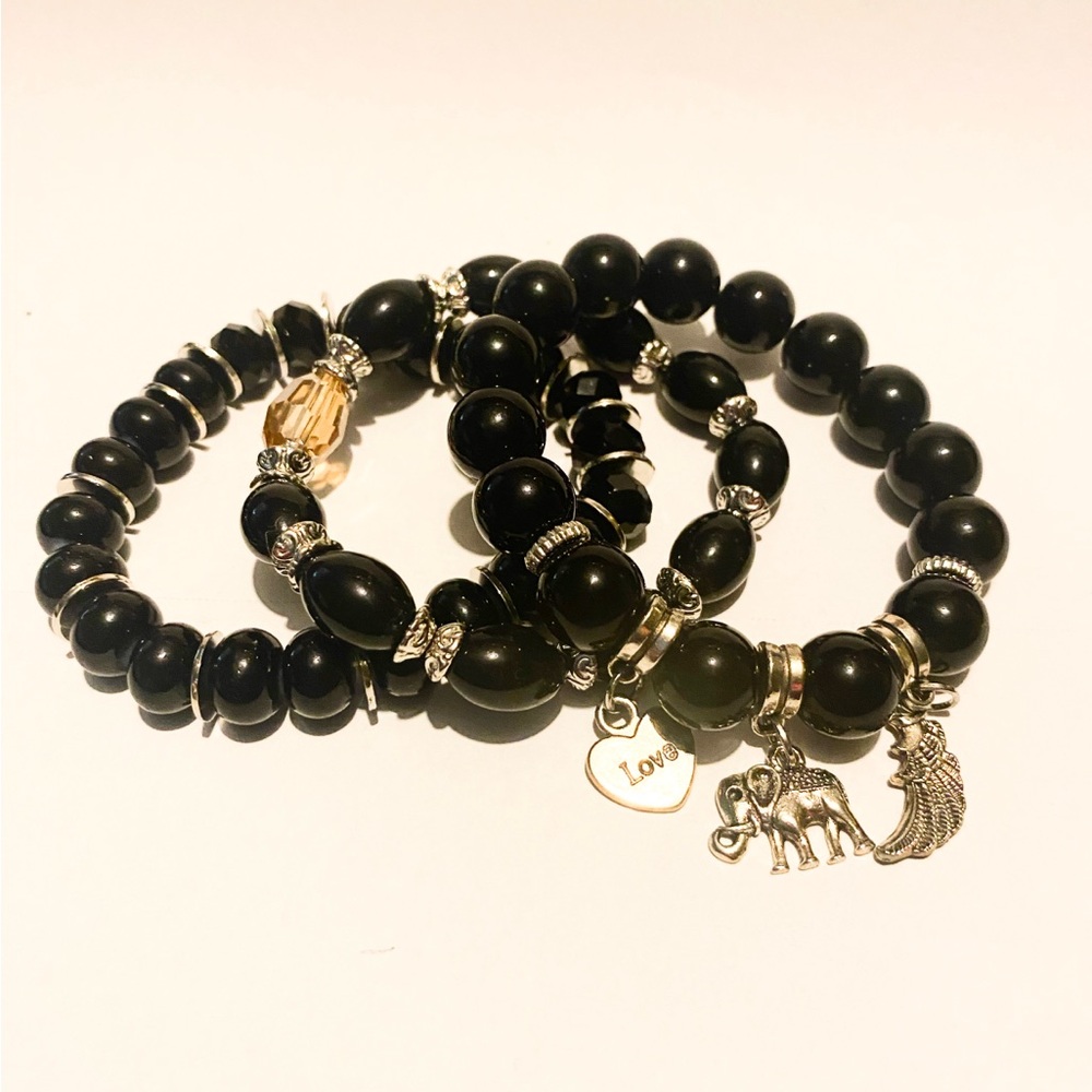 Black Beaded Bracelet Set with Silver Charms